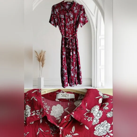 M🌺Floral Collared Button Up Maxi Dress Fushia/Magenta&White - Picture 3 of 8